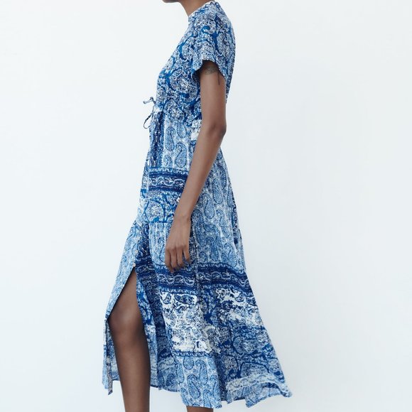 Zara Women's Cotton Midi Printed Shirt Dress V-Neck Collar Short Sleeves Size M - Picture 4 of 16